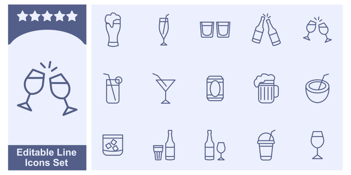 Alcohol and cocktails icon set. Champagne, Whisky, Cocktail, Shots and more symbol template for graphic and web design collection logo vector illustration