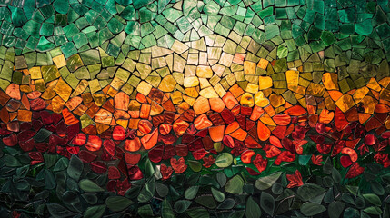 A mosaic of jade green and ruby red, reminiscent of an ancient forest ablaze with the hues of sunset. 