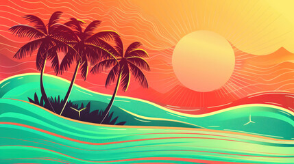 Fototapeta na wymiar 2d flat illustration abstract colorful summer background with beach vibes decorative, palm trees and sun in the sky