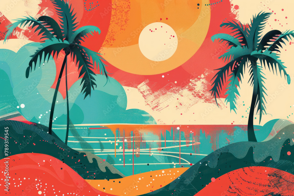 Fototapete 2d flat illustration abstract colorful summer background with beach vibes decorative, palm trees and