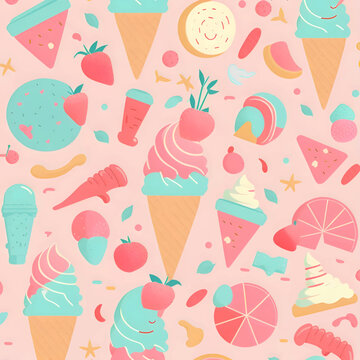 Seamless pattern with ice cream and fruit. Vector illustration.