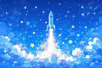 Blue background with stars and a rocket, in the style of a children's illustration