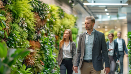 Group of professionals walking through a modern office with an eco-friendly living wall - 789319996