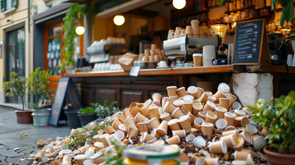 Massive pile of used disposable coffee cups in front of a bustling cafe - 789320107