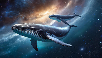 巨大なクジラが虹色の宇宙を泳ぐ