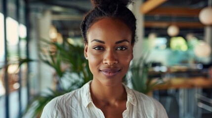 Cute 25 year old black woman looks at camera with confidence in tech office