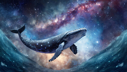 巨大なクジラが虹色の宇宙を泳ぐ