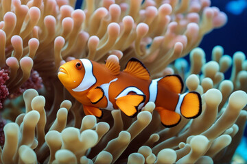 Fototapeta na wymiar anemone Clownfish reef tropical coral giant aquatic shelter red habitat sea swimming fauna invertebrate yellow environment fish fan wild wildlife underwater animal