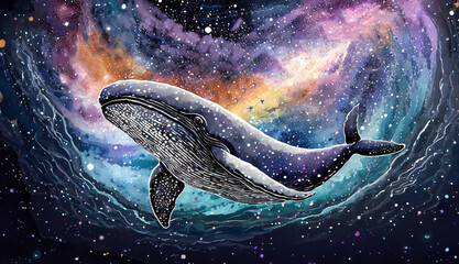空想の世界、虹色の宇宙を海遊する大きなクジラ