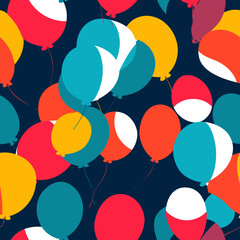 Seamless pattern with colorful balloons on dark blue background. Vector illustration.
