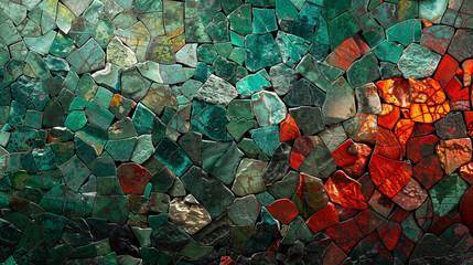 A mosaic of jade green and ruby red, reminiscent of an ancient forest ablaze with the hues of sunset. 
