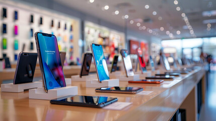 Sleek smartphones on display in a modern store with vibrant backgrounds - obrazy, fototapety, plakaty