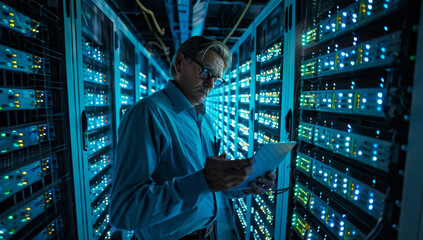 Professional man analyzing data center operations with tablet - 789320563