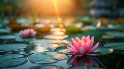 Serene lotus pond with vibrant flowers and reflective water surface at sunset - 789320573