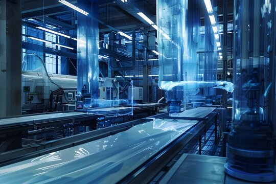 A factory with a blue and white color scheme. The factory is filled with machines and conveyor belts. Scene is industrial and mechanical