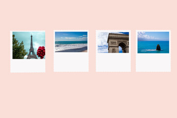 Postcards with different travel destinations on light background. Travel concept