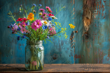 Vibrant wildflower bouquet in a glass jar on rustic wood table - 789320722