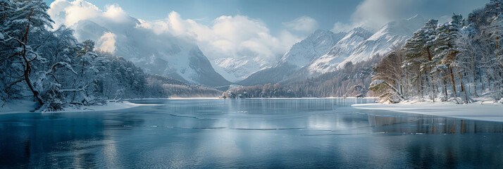 mountains are reflected in the water of a lake in the snow.Snowcovered mountains reflected in a serene lake, perfect for travel brochures, nature websites, Serene beauty captured in a snowy landscape 