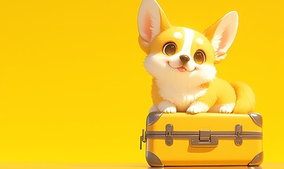 Fototapeta premium Corgi sitting on top of luggage, yellow background, travel concept 