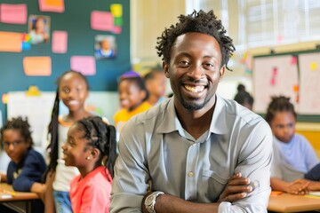 african american male teacher smiling in classroom with students portrait photography - obrazy, fototapety, plakaty