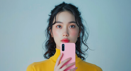 Young Asian woman in yellow sweater holding a pink smartphone - 789320939