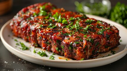 Meatloaf on a white plate dark background