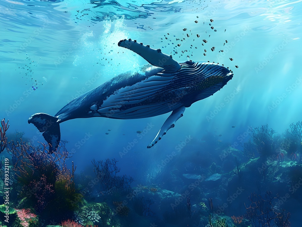 Wall mural Majestic Humpback Whale Breaching the Vibrant Coral Reef during an Underwater Scuba Diving Adventure