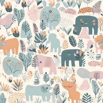 Seamless pattern with cute animals and plants. Vector illustration.