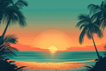 2d flat design illustration abstract colorful summer banner background with beach vibes decorate. illustration of sunset in the style of 80s retro, depicting a tropical beach landscape
