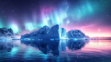 Stunning Iceberg Landscape under Aurora Borealis with Water Reflection - 789321517