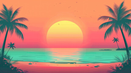 2d flat design illustration abstract colorful summer banner background with beach vibes decorate. illustration of sunset in the style of 80s retro, depicting a tropical beach landscape