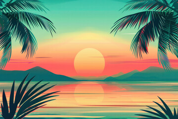 Fototapeta na wymiar 2d flat design illustration abstract colorful summer banner background with beach vibes decorate. illustration of sunset in the style of 80s retro, depicting a tropical beach landscape