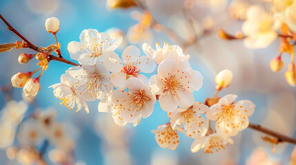 Close-up of cherry blossom in full bloom against a soft blue sky - 789321728