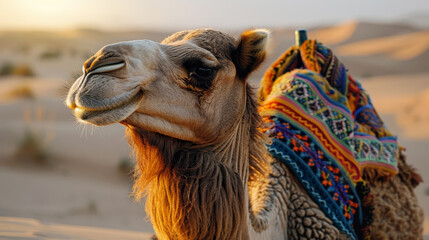 Close-up of a camel in the desert with traditional saddle at sunset - 789321906