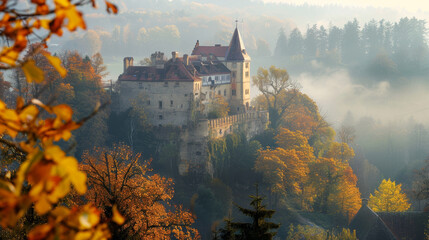 Enchanting autumn view of castle with misty forests - 789321915