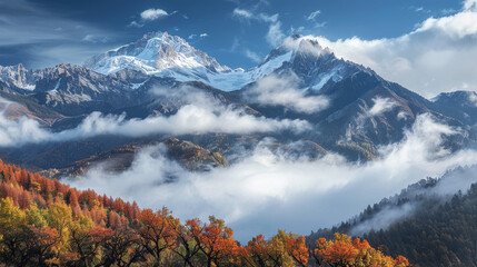 Majestic snowy mountains overshadowing colorful autumn trees in the clouds - 789322111