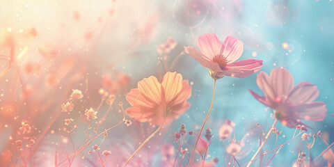Pastel-toned floral cosmos scene with backlit flowers in an artistic style - 789322164
