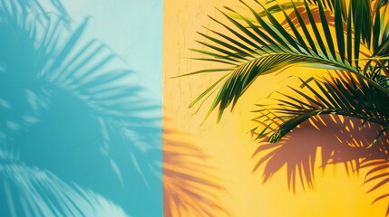 Fototapeta na wymiar summer 3D background. summer minimal modern concept, bright background with palm tree and sunlight shadows. copy space
