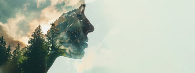 Double exposure of nature landscape mountain forest and woman face. A person's face is shown in a...