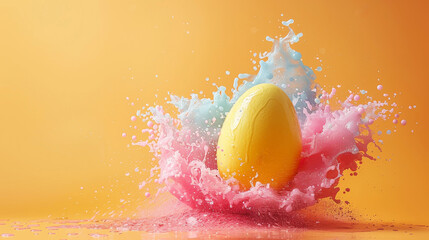 Vibrant Easter egg amidst a colorful explosion on orange background - 789322379