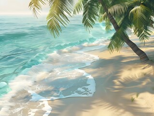 Mesmerizing Tropical Beach Scene with Gentle Waves Swaying Palm Trees and Serene Coastal Ambiance