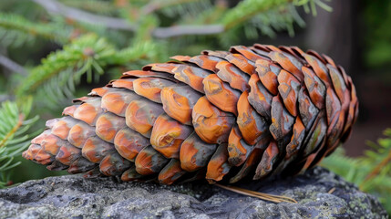 Close-up of a detailed pinecone resting in a natural woodland setting - 789322533