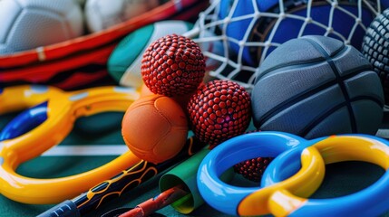 Diverse sports gear forms Olympic rings, symbolizing global competition unity in detail. International Olympic Day