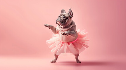 A cute dog is wearing a pink tutu and a flower headband. dog in Ballerina Skirt Dancing on Pink Background Banner with Copy Space