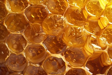 Honey filled with honeycomb, macro view.