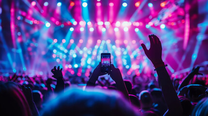 Energetic crowd enjoying a vibrant concert with neon lights and smartphone - 789322745