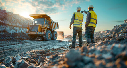 Construction workers discussing project at sunrise with heavy machinery in background - 789322951