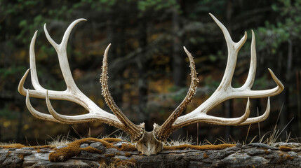 Close-up of symmetric shed antlers resting on forest log with vibrant background - 789323187