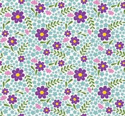 Seamless colorful pattern with purple and blue flowers and leaves. Vector cartoon backdrop in flat style	