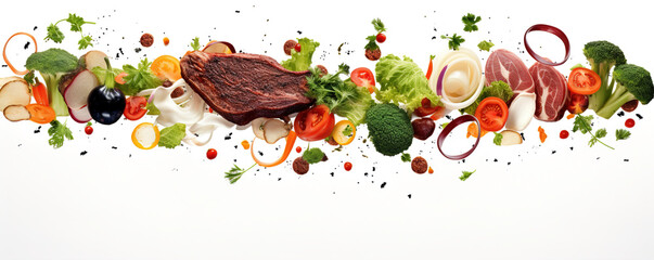 Culinary border with vegetables and raw meat arranged in a line. Design elements on a white background.
